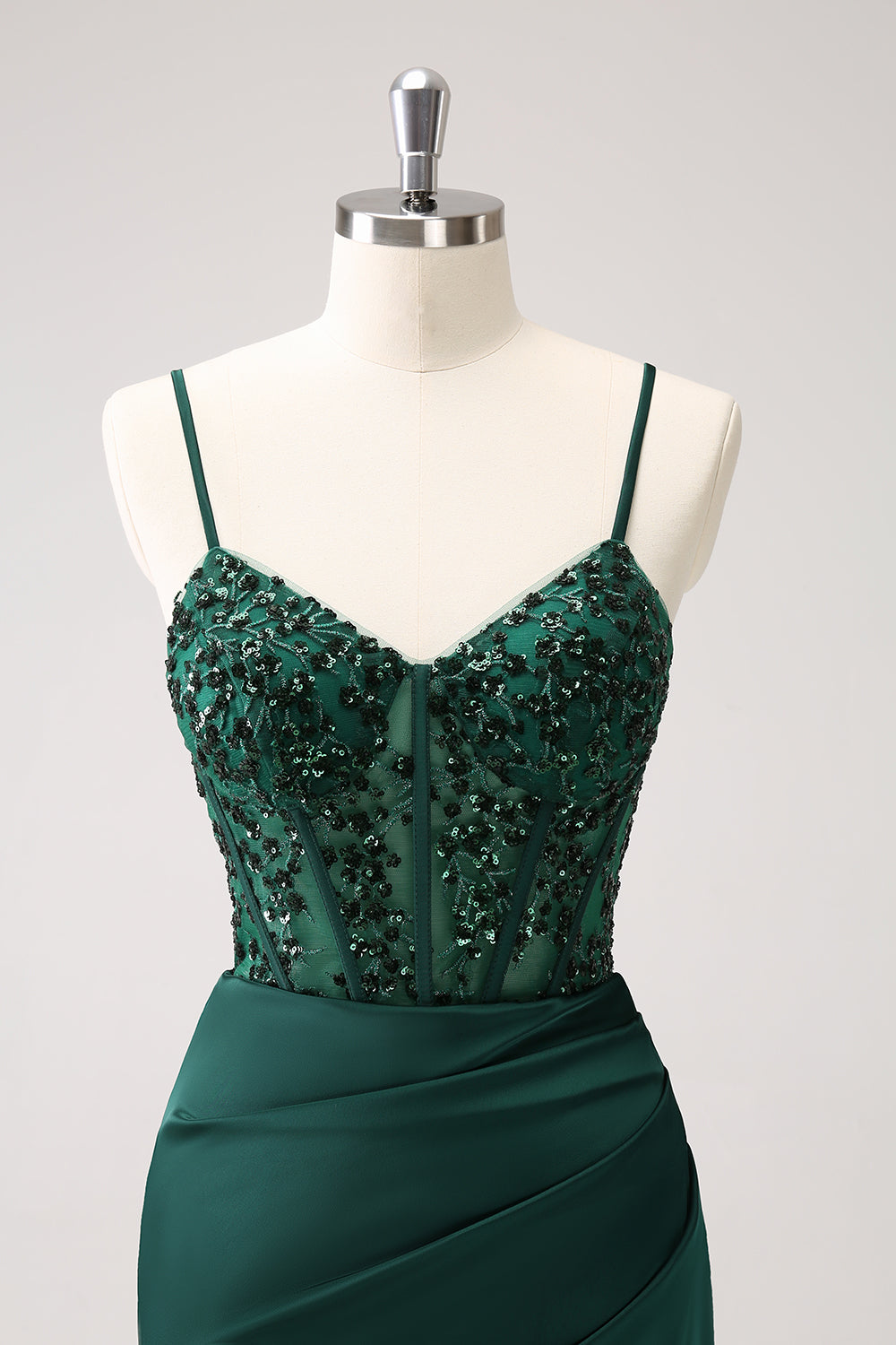 Dark Green Sheath Spaghetti Straps Satin Long Bridesmaid Dress with Slit