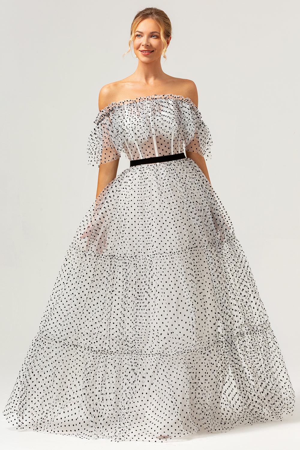 White Black Off-the-Shoulder A-Line Dot Prom Dress