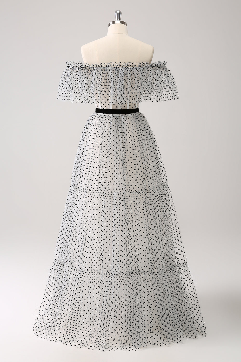 White Black Off-the-Shoulder A-Line Dot Prom Dress