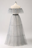 White Black Off-the-Shoulder A-Line Dot Prom Dress