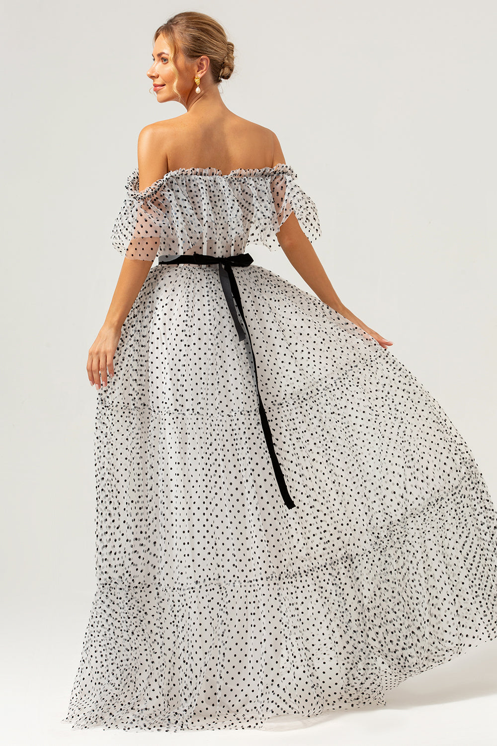 White Black Off-the-Shoulder A-Line Dot Prom Dress
