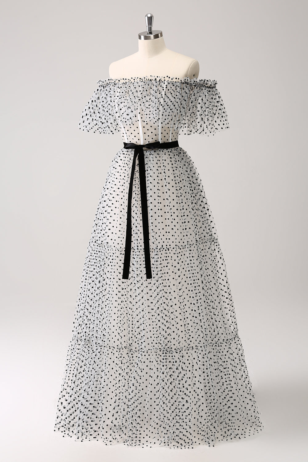 White Black Off-the-Shoulder A-Line Dot Prom Dress