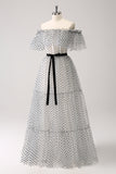White Black Off-the-Shoulder A-Line Dot Prom Dress