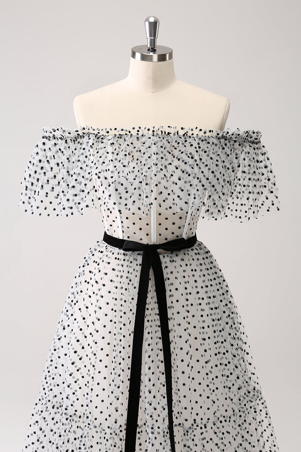 White Black Off-the-Shoulder A-Line Dot Prom Dress