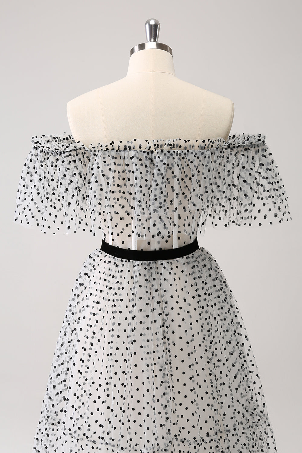 White Black Off-the-Shoulder A-Line Dot Prom Dress