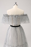 White Black Off-the-Shoulder A-Line Dot Prom Dress