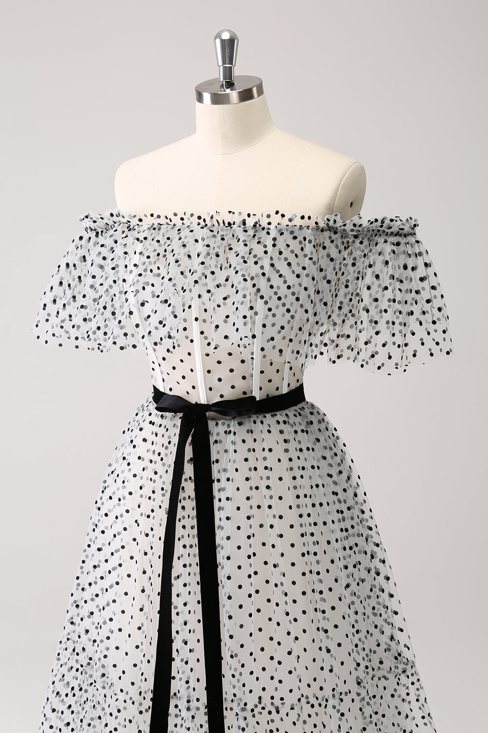 White Black Off-the-Shoulder A-Line Dot Prom Dress