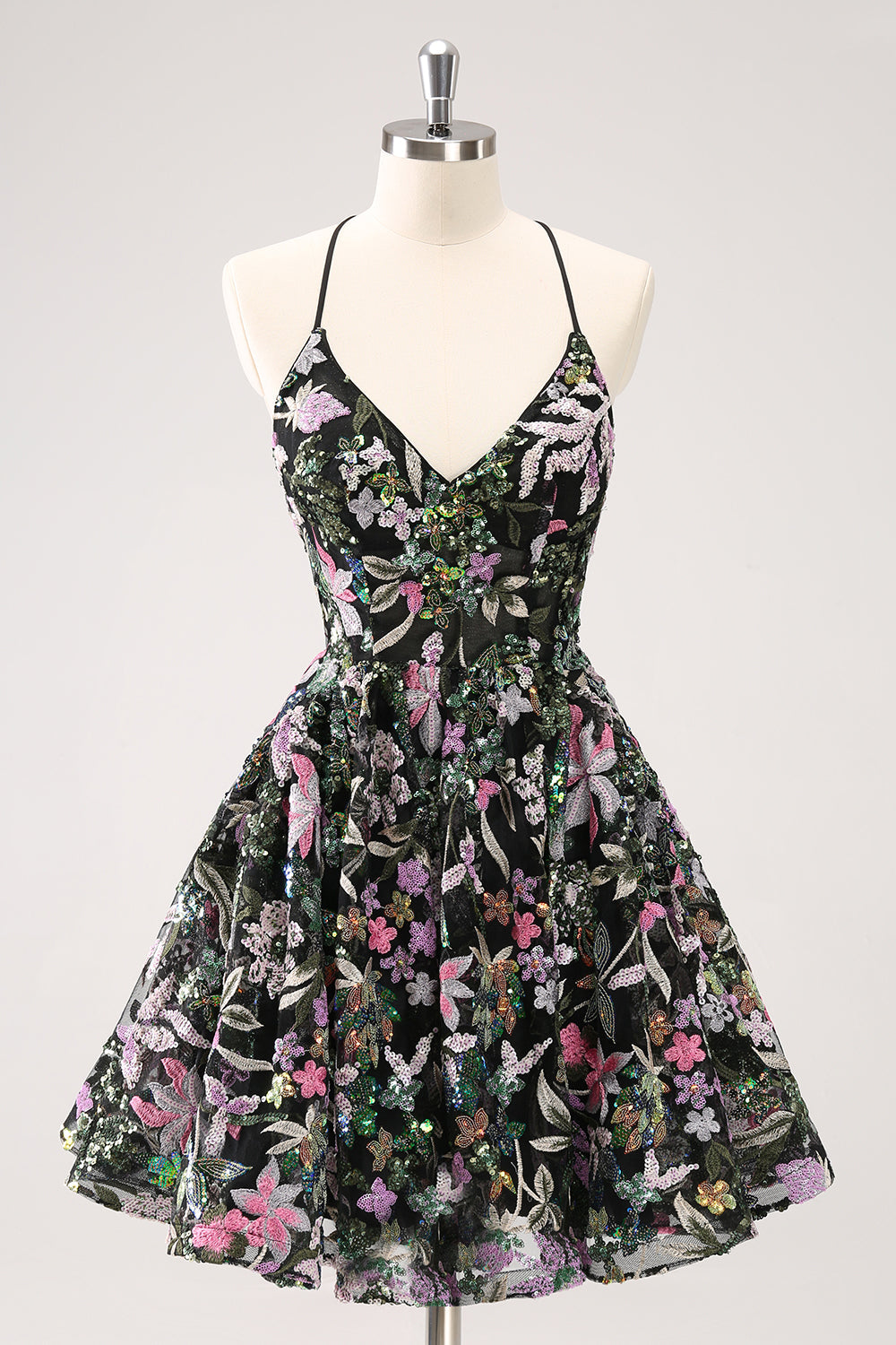Sparkly A Line Floral Little Black Dress with Sequins