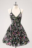 Sparkly A Line Floral Little Black Dress with Sequins