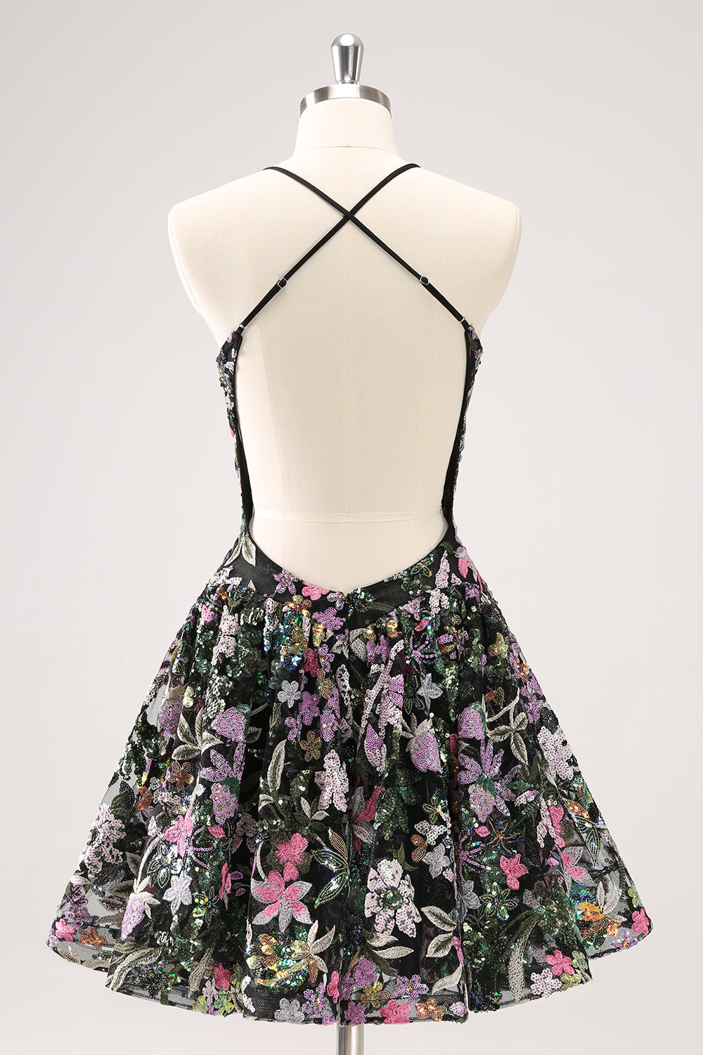 Sparkly A Line Floral Little Black Dress with Sequins