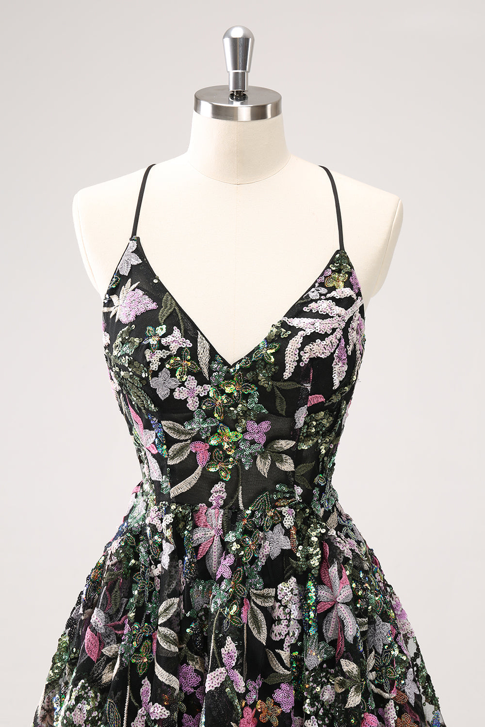 Sparkly A Line Floral Little Black Dress with Sequins