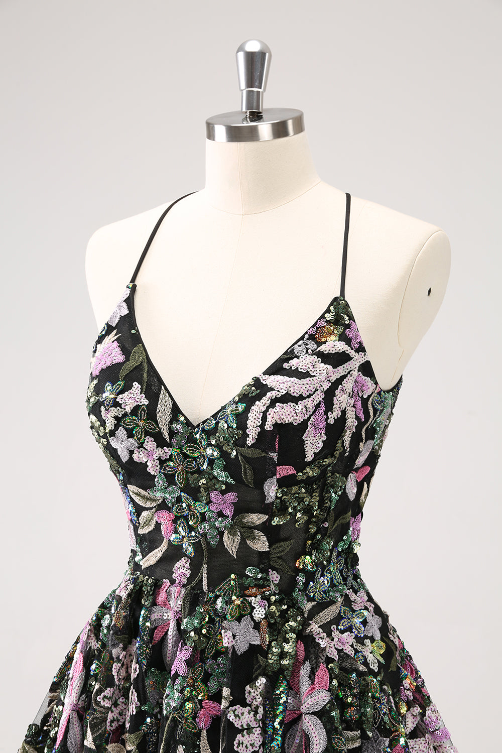 Sparkly A Line Floral Little Black Dress with Sequins