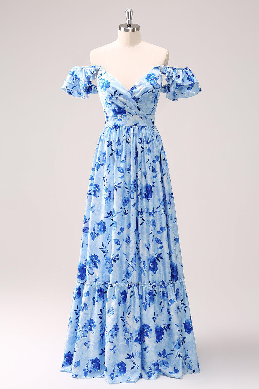 Blue A-Line V Neck Ruched Floral Long Bridesmaid Dress