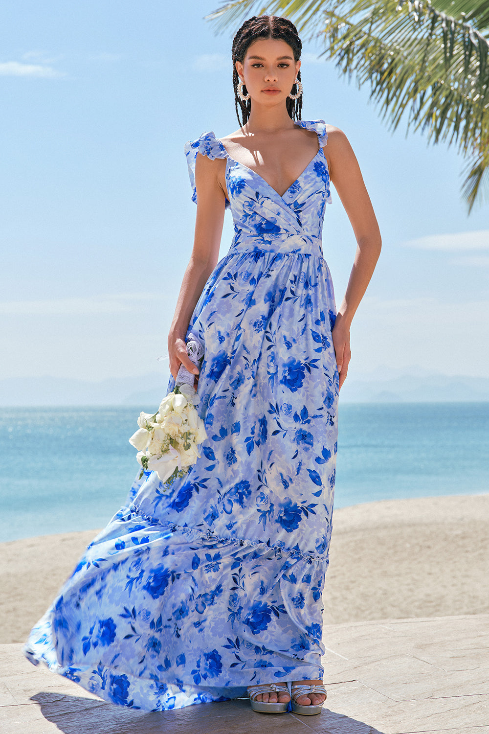 Blue Floral A Line Off The Shoulder Maxi Dress