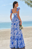 Blue Floral A Line Off The Shoulder Maxi Dress