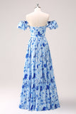 Blue Floral A Line Off The Shoulder Maxi Dress