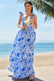 Blue A-Line V Neck Ruched Floral Long Bridesmaid Dress