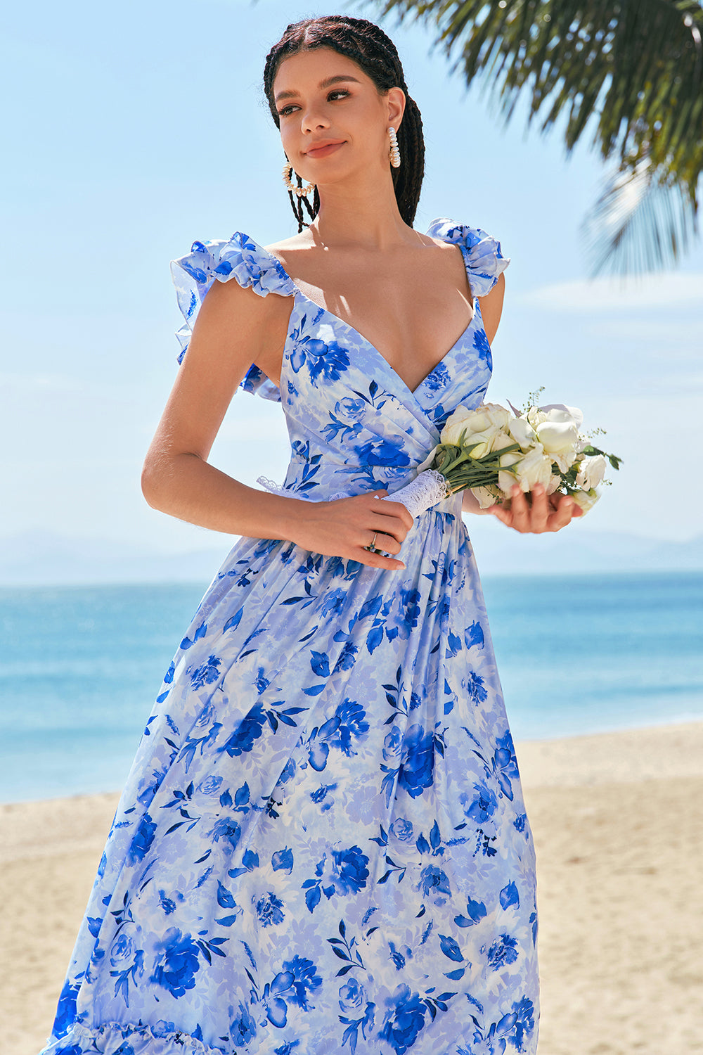 Blue A-Line V Neck Ruched Floral Long Bridesmaid Dress