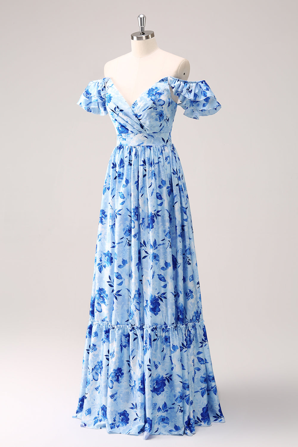 Blue Floral A Line Off The Shoulder Maxi Dress