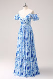 Blue Floral A Line Off The Shoulder Maxi Dress