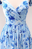 Blue Floral A Line Off The Shoulder Maxi Dress