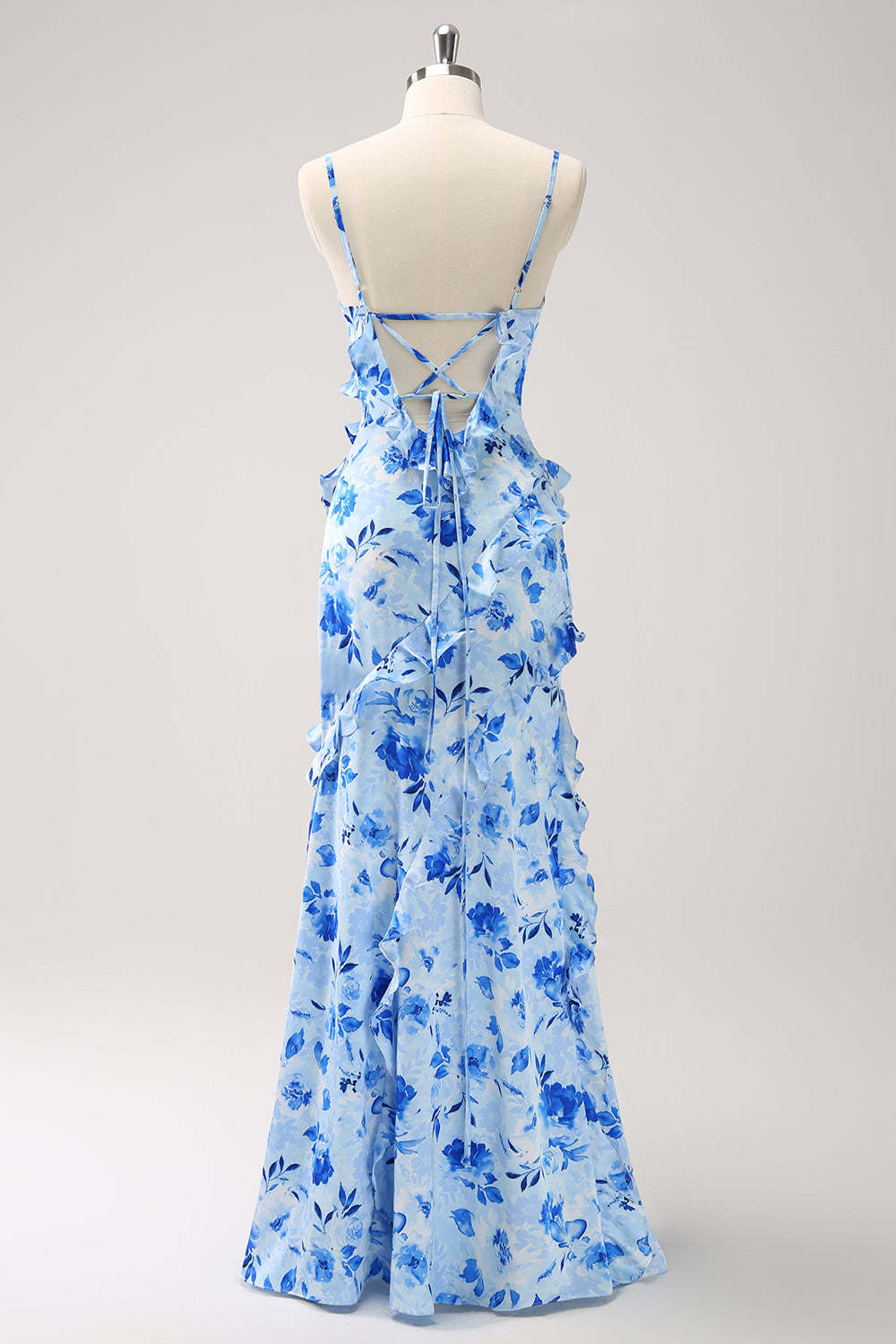 Blue Spaghetti Straps Print Ruffle Mermaid Bridesmaid Dress with Slit