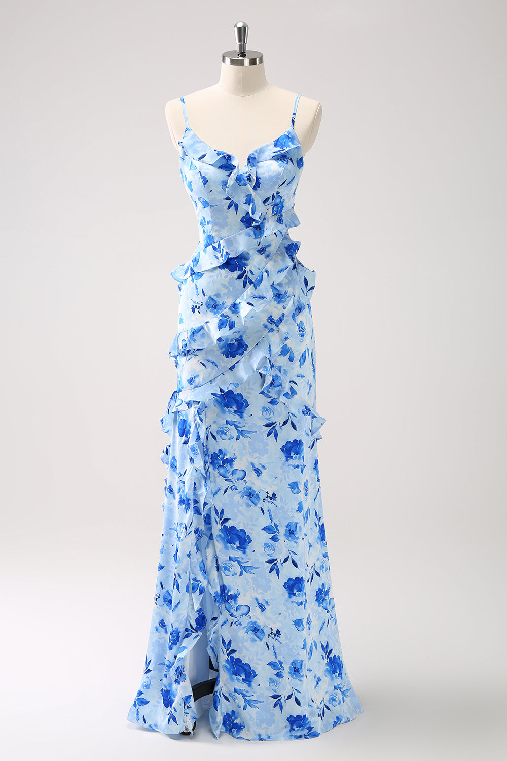 Blue Flower Sheath Spaghetti Straps Ruffled Maxi Dress with Slit