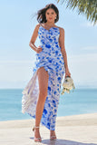 Blue Flower Sheath Spaghetti Straps Ruffled Maxi Dress with Slit