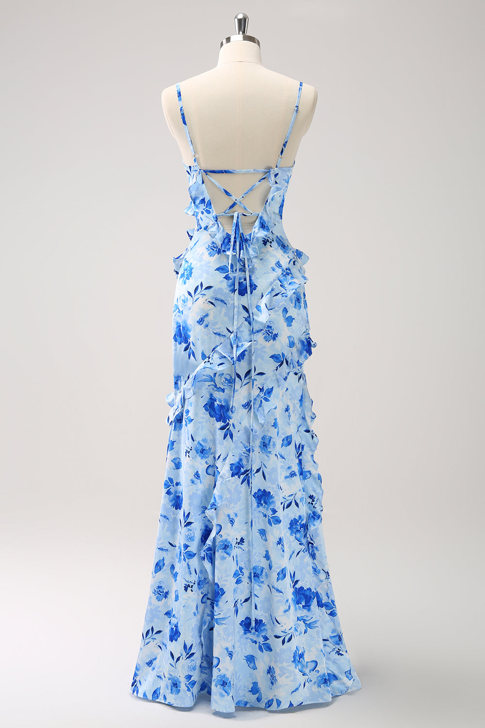 Blue Flower Sheath Spaghetti Straps Ruffled Maxi Dress with Slit