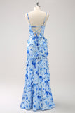 Blue Flower Sheath Spaghetti Straps Ruffled Maxi Dress with Slit