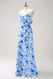 Blue Flower Sheath Spaghetti Straps Ruffled Maxi Dress with Slit