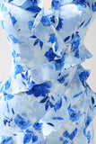 Blue Flower Sheath Spaghetti Straps Ruffled Maxi Dress with Slit
