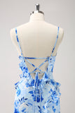 Blue Flower Sheath Spaghetti Straps Ruffled Maxi Dress with Slit