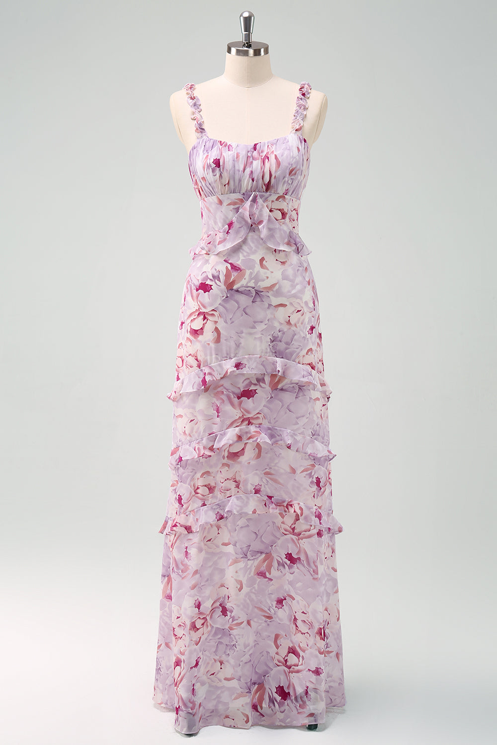 Stylish Grey Purple Sheath Ruched Print Floral Bridesmaid Dress with Ruffles