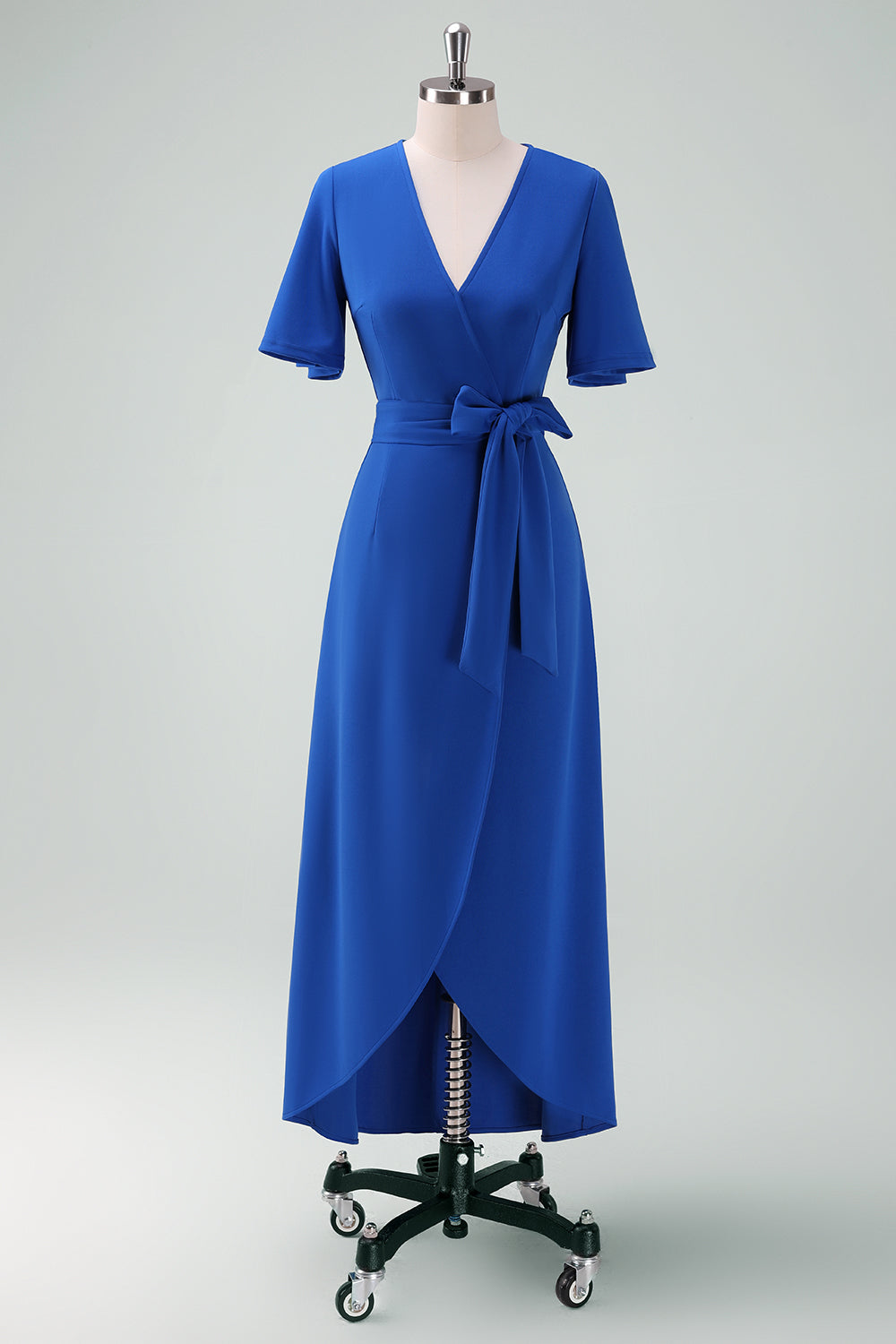 Royal Blue V-Neck Long Formal Dress with Short Sleeves
