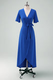 Royal Blue V-Neck Long Mum of Bride Dress with Short Sleeves