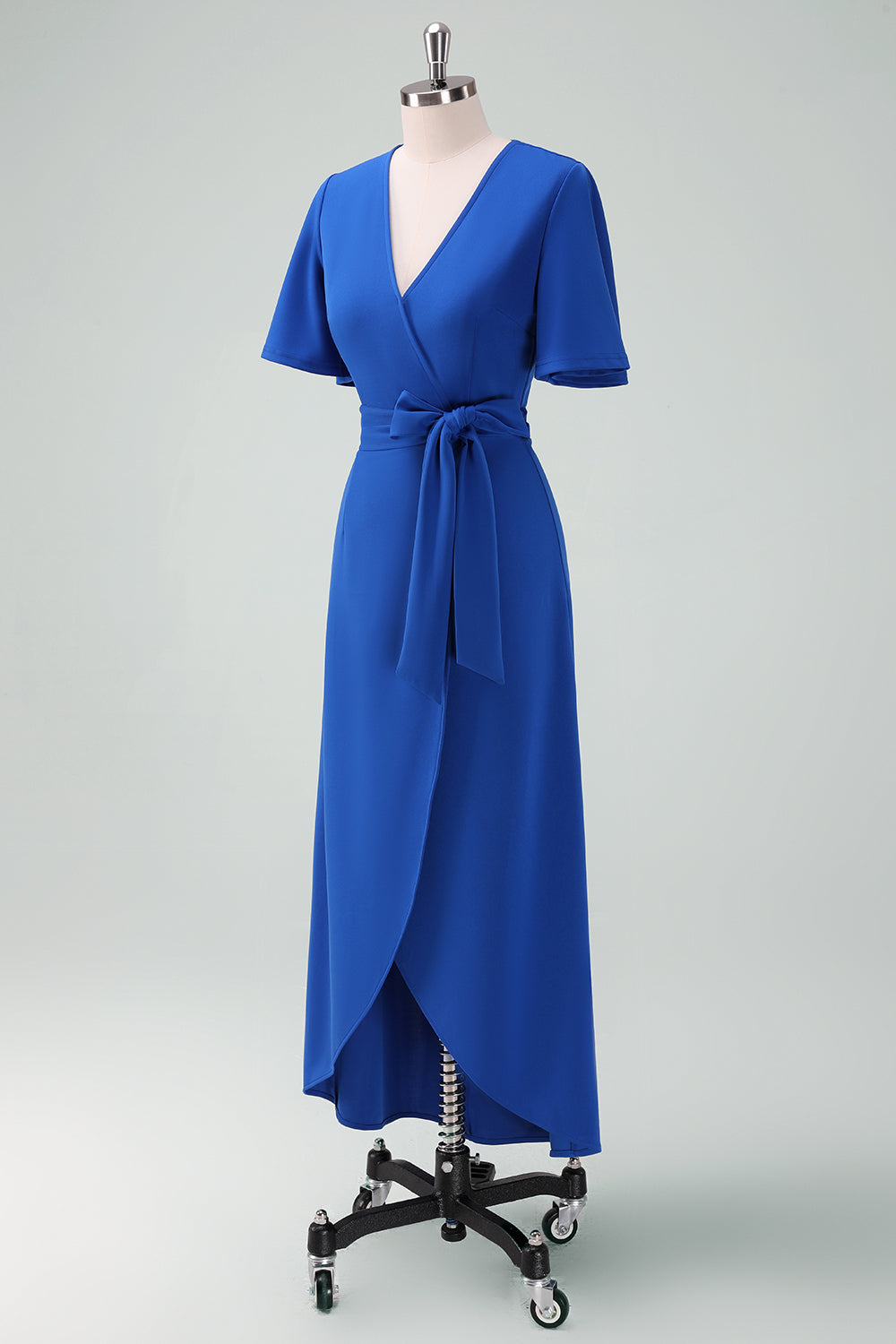 Royal Blue V-Neck Long Mum of Bride Dress with Short Sleeves