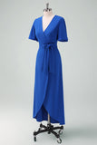 Royal Blue V-Neck Long Mum of Bride Dress with Short Sleeves