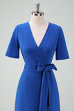 Royal Blue V-Neck Long Mum of Bride Dress with Short Sleeves