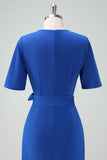 Royal Blue V-Neck Long Mum of Bride Dress with Short Sleeves