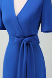 Royal Blue V-Neck Long Mum of Bride Dress with Short Sleeves