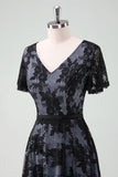 Black V-neck Short Sleeves Lace A-Line Mum of Bride Dress