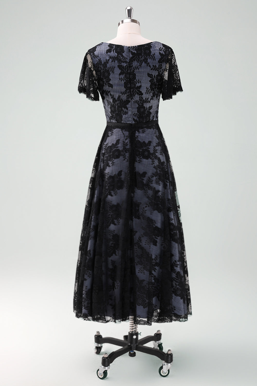 Black V-neck Short Sleeves Lace A-Line Mum of Bride Dress