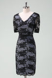 Black V-Neck Lace Sheath Mother of Bride Dress with Short Sleeves