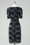 Black V-Neck Lace Sheath Mother of Bride Dress with Short Sleeves