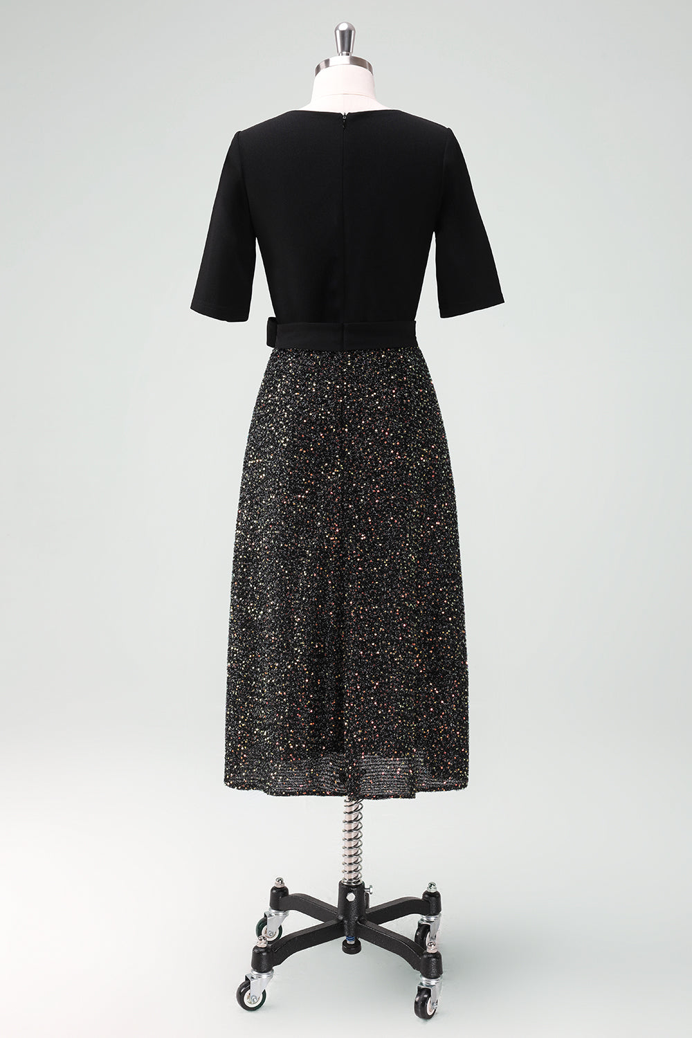 Sparkly A-Line Sequin Little Black Dress with Half Sleeves