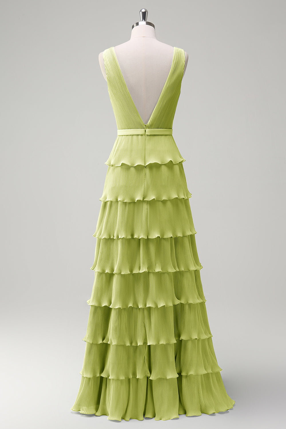 Dusty Sage A Line V-Neck Pleated Tiered Open Back Long Bridesmaid Dress with Slit