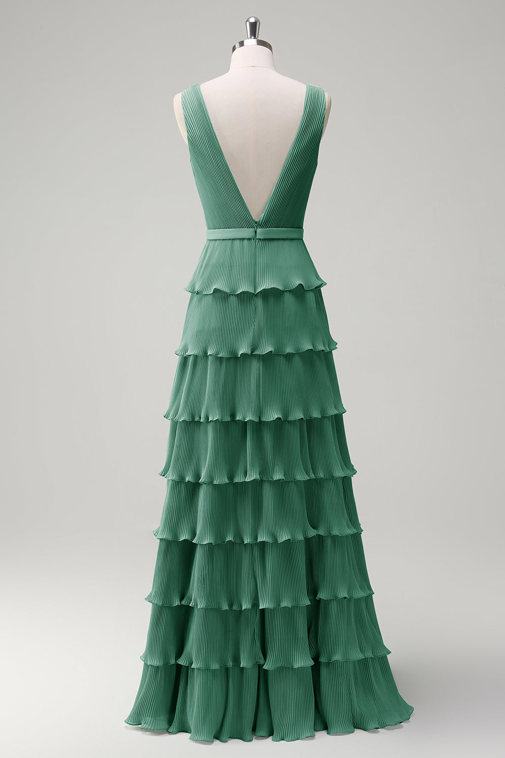 Dusty Sage A Line V-Neck Pleated Tiered Open Back Long Bridesmaid Dress with Slit