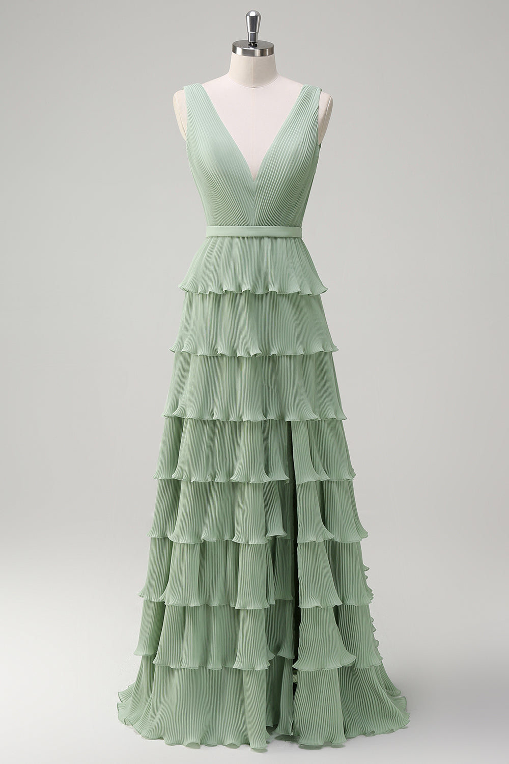 Dusty Sage A Line V-Neck Pleated Tiered Open Back Long Bridesmaid Dress with Slit