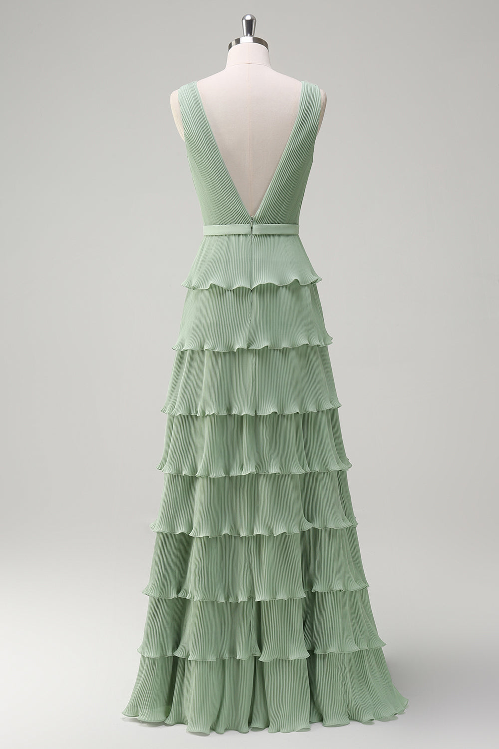Dusty Sage A Line V-Neck Pleated Tiered Open Back Long Bridesmaid Dress with Slit